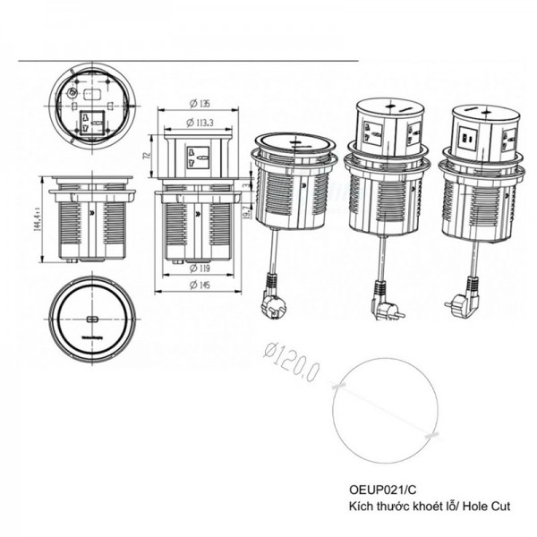 Ổ Cắm Điện Âm Bàn Tích Hợp Sạc Không Dây OEUP021C