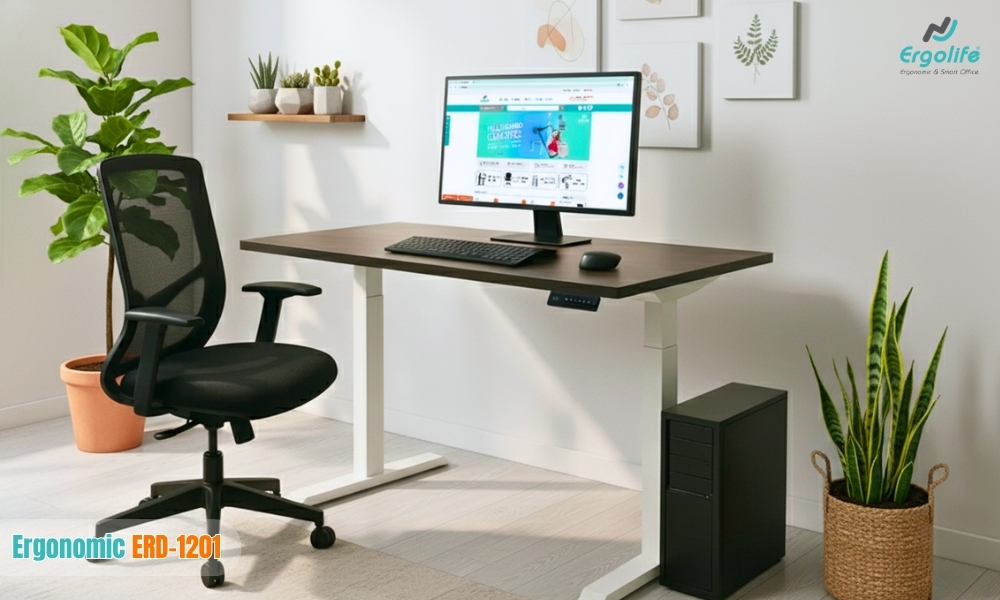 Bàn nâng hạ ERD-1201 phối cảnh - Ergolife, khung thép carbon chắc chắn