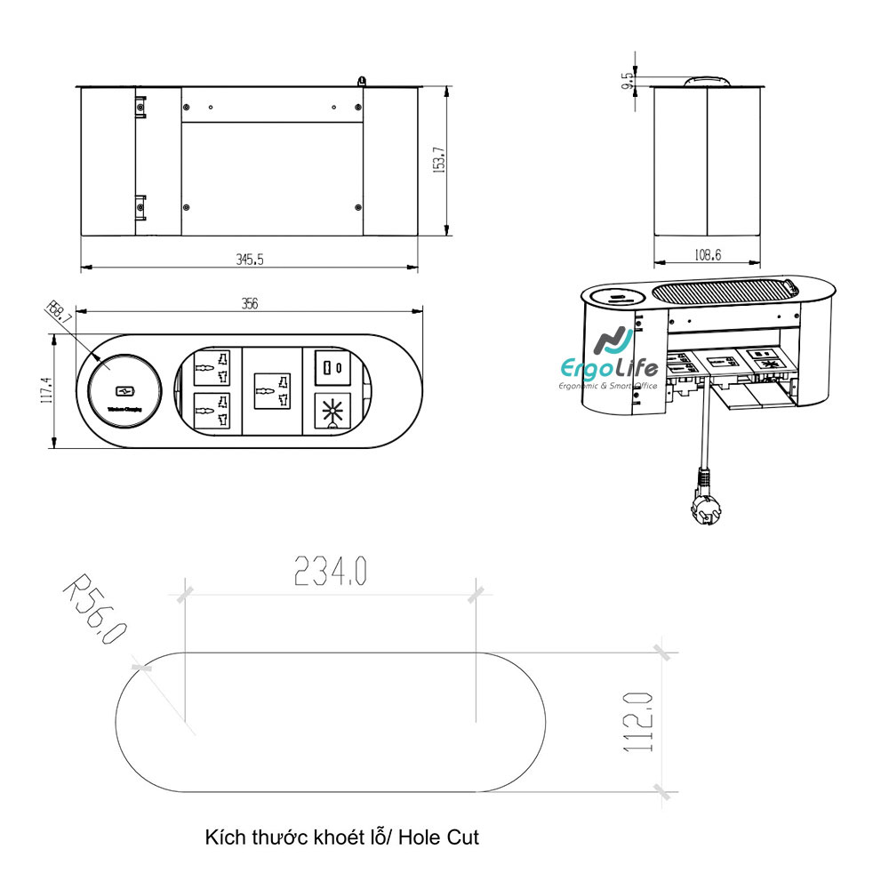 Kích thước lắp đặt ổ điện âm bàn OEUP033