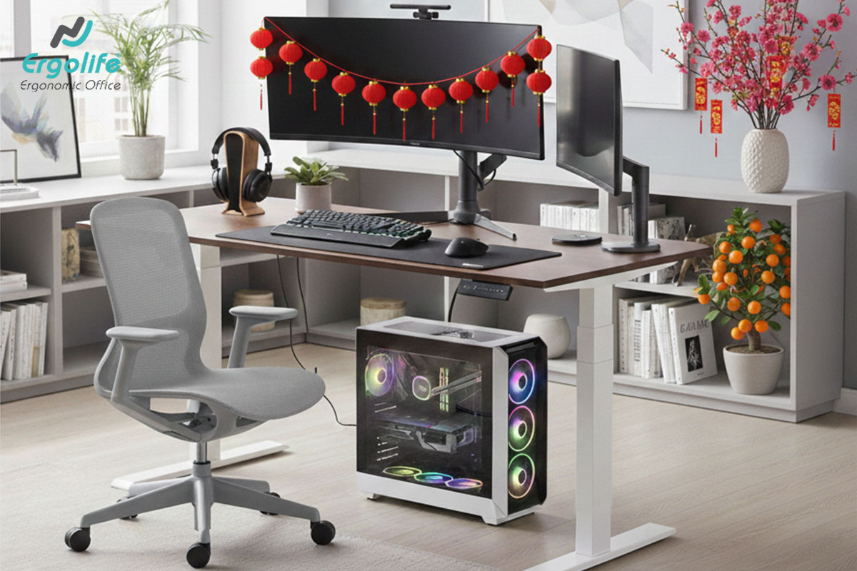 Bàn nâng hạ và ghế công thái học cho năm mới