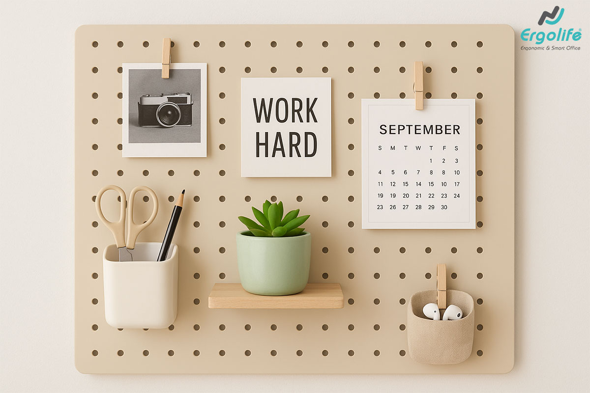 Trang trí Pegboard với khung ảnh và quote